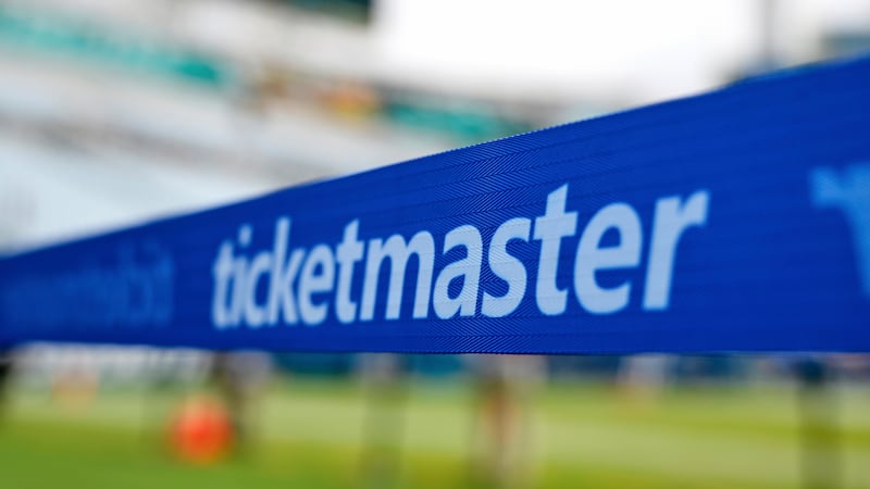 Un cartel con el logo de Ticketmaster en un estadio de fútbol americano en Jacksonville,...