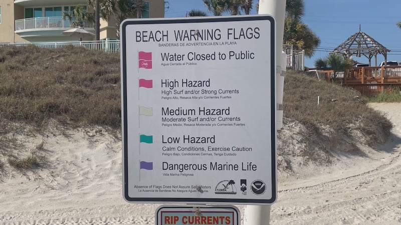 Miembros del Cuerpo de Bomberos de Panama City Beach Beach Safety reprimen a los bañistas...